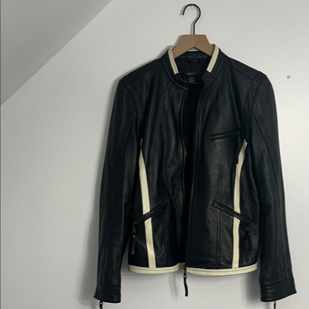 Style & Co. Black Leather Jacket with Cream Trim